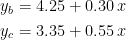 \begin{align*} y_b &= 4.25+0.30\,x \\ y_c &= 3.35+0.55\,x \end{align*}