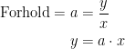 \begin{align*}\textup{Forhold}=a &= \frac{y}{x} \\ y &= a\cdot x \end{align*}