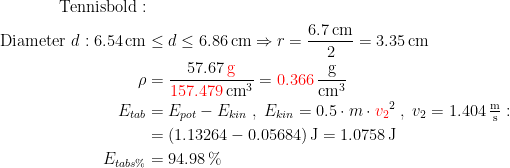 \begin{align*}\textup{Tennisbold}:\\ \textup{Diameter }d:6.54\,\textup{cm}&\leq d\leq 6.86\,\textup{cm}\Rightarrow r=\frac{6.7\,\textup{cm}}{2}=3.35\,\textup{cm} \\ \rho &= \frac{57.67\,{\color{Red} \textup{g}}}{{\color{Red} 157.479}\,\textup{cm}^3}={\color{Red} 0.366}\,\frac{\textup{g}}{\textup{cm}^3} \\ E_{tab} &= E_{pot}-E_{kin}\;,\;E_{kin}=0.5\cdot m\cdot {\color{Red} {v_2}}^2\;,\;v_2=1.404\,\tfrac{\textup{m}}{\textup{s}}: \\ &= (1.13264-0.05684)\,\textup{J}=1.0758\,\textup{J} \\E_{tabs{\%}}&=94.98\,\%\end{align*}