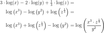 \begin{align*}3\cdot \log(x)-2\cdot \log(y)+\tfrac{1}{3}\cdot \log(z) &= \\ \log\left (x^3 \right )-\log\left (y^2 \right )+\log\left ( z^{\frac{1}{3}} \right ) &= \\ \log\left (x^3 \right )+\log\left ( z^{\frac{1}{3}} \right )-\log\left (y^2 \right ) &= \log\left (\frac{x^3\cdot z^{\frac{1}{3}}}{y^2} \right ) \end{align*}
