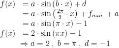 \begin{array} {llll} f(x) &= a\cdot \sin\left(b\cdot x\right)+d \\ &= a\cdot \sin\left(\tfrac{2\pi}{2}\cdot x\right)+f_{min.}+a \\ &= a\cdot \sin\left(\pi\cdot x\right)-1 \\ f(x) &= 2\cdot \sin\left(\pi x\right)-1\end{array} \\ \begin{array} {lll} \qquad\qquad\Rightarrow a=2\;,\;b=\pi\;,\;d=-1 \end{array}