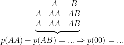\begin{array} {llllll} \underset{\quad\begin{matrix} p(AA)+p(AB)=... \Rightarrow p(00)=... \end{matrix}} {\underbrace{\begin{matrix} & A & B \\ A & AA & AB \\ A & AA & AB \end{matrix}}} \end{array}