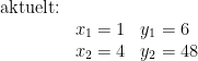 \begin{array}{lll} \textup{aktuelt:}\\&x_1=1&y_1=6\\& x_2=4&y_2=48 \end{array}