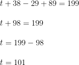 \begin{array}{lllll} t+38-29+89=199\\\\ t+98=199\\\\ t=199-98\\\\ t=101 \end{array}