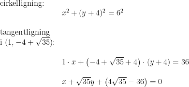 \begin{array}{lllll}& \textup{cirkelligning:}\\&& x^2+(y+4)^2=6^2\\\\& \textup{tangentligning}\\& \textup{i }(1,-4+\sqrt{35})\textup{:}\\\\&& 1\cdot x+\left (-4+\sqrt{35} +4\right )\cdot \left ( y+4 \right )=36\\\\&& x+\sqrt{35}y+\left (4\sqrt{35}-36 \right )=0 \end{array}