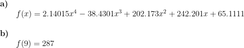 \begin{array}{lllll}\textbf{a)}\\& f(x)=2.14015x^4-38.4301x^3+202.173x^2+242.201x+65.1111 \\\\ \textbf{b)}\\& f(9)=287 \end{array}