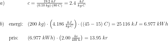 \begin{array}{lllll}a)&&c = \frac{19.2\;kJ}{(0.10 \;kg)\cdot (80\;C)} = 2.4\; \frac{kJ}{kg\cdot C} \\\\\\ b) & \textup{energi:}&\left ( 200\; kg \right )\cdot\left ( 4.186\; \frac{kJ}{kg\cdot C} \right )\cdot \left ((45-15)\;C \right )=25\,116\;kJ=6.977\; kWh\\\\ & \textup{pris:}&\left (6.977\; kWh \right )\cdot \left ( 2.00\; \frac{kr}{kWh} \right ) = 13.95\; kr \end{array}