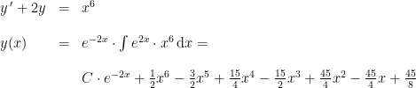 \begin{array}{llllll}& y{\, }'+2y&=&x^6\\\\& y(x)&=&e^{-2x}\cdot \int e^{2x}\cdot x^6\,\mathrm{d}x=\\\\&&& C\cdot e^{-2x}+\frac{1}{2}x^6-\frac{3}{2}x^5+\frac{15}{4}x^4-\frac{15}{2}x^3+\frac{45}{4}x^2-\frac{45}{4}x+\frac{45}{8} \end{array}