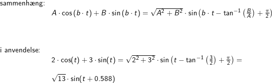 \small \small \begin{array}{llllll} \textup{sammenh\ae ng:}\\& A\cdot \cos\left ( b\cdot t \right )+B\cdot \sin\left ( b\cdot t \right )=\sqrt{A^2+B^2}\cdot \sin\left ( b\cdot t-\tan^{-1}\left ( \frac{B}{A} \right ) +\frac{\pi}{2}\right )\\\\\\\\ \textup{i anvendelse:}\\& 2\cdot \cos(t)+3\cdot \sin(t)=\sqrt{2^2+3^2}\cdot \sin\left ( t-\tan^{-1}\left ( \frac{3}{2} \right )+\frac{\pi}{2} \right )=\\\\& \sqrt{13}\cdot \sin(t+0.588) \end{array}