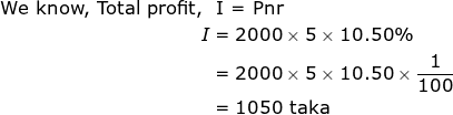egin{aligned} 	ext { We know, Total profit, } & 	ext { I = Pnr } \ I &=2000 	imes 5 	imes 10.50 \% \ &=2000 	imes 5 	imes 10.50 	imes frac{1}{100} \ &=1050 	ext { taka } end{aligned}