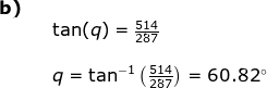 \begin{array}{lllll} \textbf{b)}\\&&\tan(q)=\frac{514}{287}\\\\&& q=\tan^{-1}\left ( \frac{514}{287} \right )=60.82\degree \end{array}
