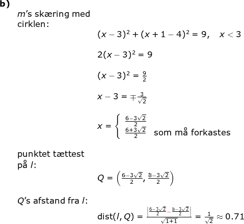 \begin{array}{llllll} \textbf{b)}\\& m\textup{'s sk\ae ring med}\\& \textup{cirklen: } \\&&(x-3)^2+(x+1-4)^2=9,\quad x<3\\\\ && 2(x-3)^2=9\\\\&& (x-3)^2=\frac{9}{2}\\\\&& x-3=\mp\frac{3}{\sqrt{2}}\\\\&& x=\left\{\begin{array}{lll} \frac{6-3\sqrt{2}}{2}\\ \frac{6+3\sqrt{2}}{2}&\textup{som m\aa \ forkastes} \end{array}\right.\\\\& \textup{punktet t\ae ttest}\\& \textup{p\aa \ }l\textup{:}\\&& Q=\left ( \frac{6-3\sqrt{2}}{2}, \frac{8-3\sqrt{2}}{2} \right )\\\\& Q\textup{'s afstand fra }l\textup{:}\\&& \textup{dist}(l,Q)=\frac{\left |\frac{6-3\sqrt{2}}{2}{\color{Red} -}\frac{8-3\sqrt{2}}{2} \right |}{\sqrt{1+1}}=\frac{1}{\sqrt{2}}\approx0.71 \end{array}