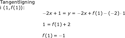 \begin{array}{llllll} \textup{Tangentligning}\\ \textup{i }(1,f(1))\textup{:}\\&& -2x+ 1=y= -2x+ f(1)-(-2)\cdot 1\\\\&& 1=f(1)+2\\\\&&f(1)=-1 \end{array}