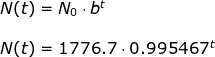 \begin{array}{llllll} N(t)=N_0\cdot b^t\\\\ N(t)=1776.7\cdot 0.995467^t \end{}