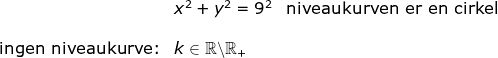 \begin{array}{llllll}& x^2+y^2=9^2&\textup{niveaukurven er en cirkel}\\\\ \textup{ingen niveaukurve:}&k\in\mathbb{R}\backslash \mathbb{R}_+ \end{array}