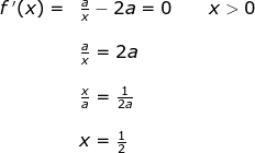 \begin{array}{llllll}\\& f{\, }'(x)=&\frac{a}{x}-2a=0\qquad x> 0\\\\&& \frac{a}{x}=2a\\\\&& \frac{x}{a}=\frac{1}{2a}\\\\&& x=\frac{1}{2} \end{array}