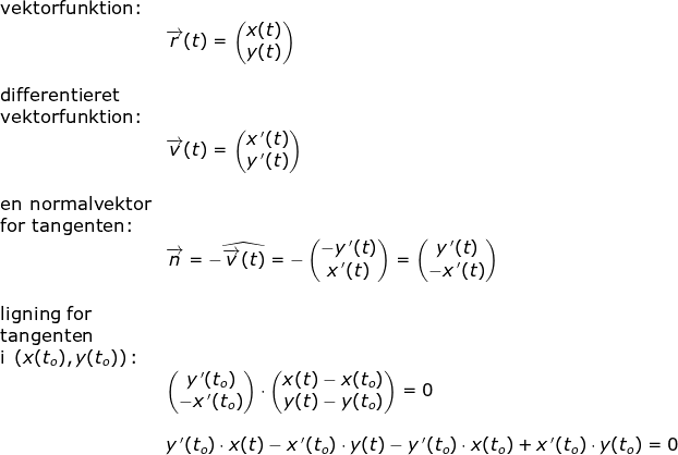 \begin{array}{llllll}\textup{vektorfunktion:}\\& \overrightarrow{r}(t)=\begin{pmatrix} x(t)\\y(t) \end{pmatrix}\\\\ \textup{differentieret}\\ \textup{vektorfunktion:}\\& \overrightarrow{v}(t)=\begin{pmatrix} x{\, }'(t)\\y{\, }'(t) \end{pmatrix}\\\\ \textup{en normalvektor}\\ \textup{for tangenten:}\\& \overrightarrow{n}=-\widehat{\overrightarrow{v}(t)}=-\begin{pmatrix} -y{\, }'(t)\\ x{\, }'(t) \end{pmatrix}=\begin{pmatrix} y{\, }'(t)\\ -x{\, }'(t) \end{pmatrix}\\\\ \textup{ligning for}\\ \textup{tangenten }\\ \textup{i }\left ( x(t_o),y(t_o) \right )\textup{:}\\& \begin{pmatrix} y{\, }'(t_o)\\-x{\, }' (t_o) \end{pmatrix}\cdot \begin{pmatrix} x(t)-x(t_o)\\y(t)-y(t_o) \end{pmatrix}=0\\\\& y{\, }'(t_o)\cdot x(t)-x{\, }'(t_o)\cdot y(t)-y{\, }'(t_o)\cdot x(t_o)+x{\, }'(t_o)\cdot y(t_o)=0 \end{array}