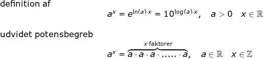 \begin{array}{lllllll} \textup{definition af}\\&&a^x=e^{\ln(a)\cdot x }=10^{\log\, ( a)\cdot x},\quad a>0\quad x\in\mathbb{R}\\\\ \textup{udvidet potensbegreb}\\&&a^x=\overset{x\textup{ faktorer}}{\overbrace{a\cdot a\cdot a\cdot .....\cdot a}},\quad a\in\mathbb{R}\quad x\in\mathbb{Z} \end{array}