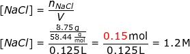 \small \begin{align*} \left [ NaCl \right ] &= \frac{n_{NaCl}}{V} \\ \left [ NaCl \right ] &= \frac{\frac{8.75\,\textup{g}}{58.44\,\frac{\textup{g}}{\textup{mol}}}}{0.125\,\textup{L}} =\frac{{\color{Red} 0.15}\,\textup{mol}}{0.125\,\textup{L}}=1.2\,\textup{M} \end{align*}