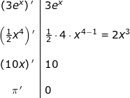 \small \begin{array}{c|l} \left (3e^x \right ){}'&3e^x\\&\\ \left (\frac{1}{2}x^4 \right ){}'&\frac{1}{2}\cdot 4\cdot x^{4-1}=2x^3\\&\\ (10x){\,}'&10\\&\\ \pi{\, }'&0 \end{}