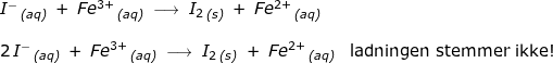 \small \begin{array}{lllll} && I^-\,_{\textit{(aq)}}\;+\;Fe^{3+}\,_{\textit{(aq)}}\;\longrightarrow \;I_2\,_{\textit{(s)}}\;+\;Fe^{2+}\,_{\textit{(aq)}}\\\\&& 2\,I^-\,_{\textit{(aq)}}\;+\;Fe^{3+}\,_{\textit{(aq)}}\;\longrightarrow \;I_2\,_{\textit{(s)}}\;+\;Fe^{2+}\,_{\textit{(aq)}}&\textup{ladningen stemmer ikke!} \end{array}