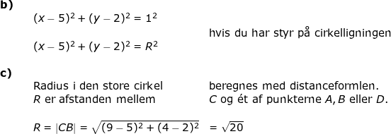 \small \begin{array}{lllll} \textbf{b)}\\&& (x-5)^2+(y-2)^2=1^2\\&&&\textup{hvis du har styr p\aa \ cirkelligningen}\\&& (x-5)^2+(y-2)^2=R^2 \\\\ \textbf{c)}\\&& \textup{Radius i den store cirkel}&\textup{beregnes med distanceformlen.}\\&& R\textup{ er afstanden mellem}&C\textup{ og }\mathrm{\acute{e}}\textup{t af punkterne }A, B\textup{ eller }D.\\\\&& R=\left | CB \right |=\sqrt{(9-5)^2+(4-2)^2}&=\sqrt{20} \end{array}