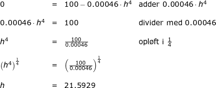 \small \begin{array}{lllll} 0&=&100-0.00046\cdot h^4&\textup{adder }0.00046\cdot h^4\\\\ 0.00046\cdot h^4&=&100&\textup{divider med }0.00046\\\\ h^4&=&\frac{100}{0.00046}&\textup{opl\o ft i }\frac{1}{4}\\\\ \left (h^4 \right )^{\frac{1}{4}}&=&\left (\frac{100}{0.00046} \right )^{\frac{1}{4}}\\\\ h&=&21.5929 \end{array}