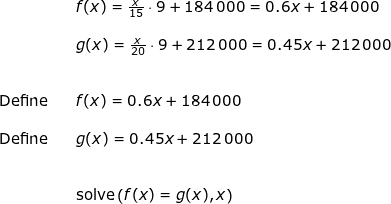 \small \begin{array}{lllll}&& f(x)=\frac{x}{15}\cdot 9+184\,000=0.6x+184\,000\\\\&& g(x)=\frac{x}{20}\cdot 9+212\,000=0.45x+212\,000\\\\\\ \textup{Define}&&f(x)=0.6x+184\,000\\\\ \textup{Define}&&g(x)=0.45x+212\,000\\\\\\&& \textup{solve}\left ( f(x)=g(x),x \right ) \end{array}