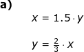 \small \begin{array}{llllll} \textbf{a)}\\&& x=1.5\cdot y\\\\&& y=\frac{2}{3}\cdot x \end{array}