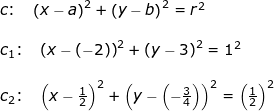 \small \begin{array}{llllll} c\textup{:}\quad \left (x-a \right )^2+\left (y-b \right )^2=r^2\\\\ c_1\textup{:}\quad \left (x-(-2) \right )^2+\left (y-3 \right )^2=1^2\\\\ c_2\textup{:}\quad \left (x- \frac{1}{2} \right )^2+\left (y-\left ( -\frac{3}{4} \right ) \right )^2=\left ( \frac{1}{2} \right )^2 \end{array}
