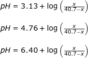 \small \begin{array}{llllll} pH=3.13+\log\left ( \frac{x}{40.7-x} \right )\\\\ pH=4.76+\log\left ( \frac{x}{40.7-x} \right )\\\\ pH=6.40+\log\left ( \frac{x}{40.7-x} \right )\\\\ \end{array}