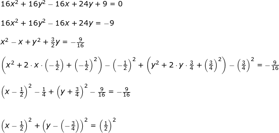 \small \begin{array}{llllll}&& 16x^2+16y^2-16x+24y+9=0\\\\&& 16x^2+16y^2-16x+24y=-9\\\\&& x^2-x+y^2+\frac{3}{2}y=-\frac{9}{16}\\\\&& \left (x^2+2\cdot x\cdot \left ( -\frac{1}{2} \right )+\left ( -\frac{1}{2} \right )^2 \right )-\left ( -\frac{1}{2} \right )^2+\left (y^2+2\cdot y\cdot \frac{3}{4}+\left (\frac{3}{4} \right )^2 \right )-\left (\frac{3}{4} \right )^2=-\frac{9}{16}\\\\&& \left (x-\frac{1}{2} \right )^2-\frac{1}{4}+\left ( y+\frac{3}{4} \right )^2-\frac{9}{16}=-\frac{9}{16}\\\\\\&& \left (x-\frac{1}{2} \right )^2+ \left (y-\left (-\frac{3}{4} \right ) \right )^2=\left ( \frac{1}{2} \right )^2 \end{array}