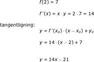 \small \begin{array}{llllll}&& f(2)=7\\\\&& f{\, }'(x)=x\cdot y=2\cdot 7=14\\\\&\textup{tangentligning:}\\&&y=f{\, }'(x_o)\cdot \left ( x-x_o \right )+y_o\\\\&&y=14\cdot \left ( x-2 \right )+7\\\\\\&&y=14x-21 \end{array}