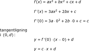 \small \begin{array}{llllll}&& f(x)=ax^3+bx^2+cx+d\\\\&& f{\, }'(x)=3ax^2+2bx+c\\\\&& f{\, }'(0)=3a\cdot 0^2+2b\cdot 0+c=c\\\\ \textup{tangentligning}\\ \textup{i }\left ( 0,d \right )\textup{:}\\&&y=f{\, }'(0)\cdot \left ( x-0 \right )+d\\\\&& y=c\cdot x+d \end{array}