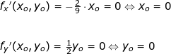 \small \begin{array}{llllll}&& f_x{}'(x_o,y_o)=-\frac{2}{9}\cdot x_o=0\Leftrightarrow x_o=0 \\\\\\&&f_y{}'(x_o,y_o)=\frac{1}{2}y_o=0\Leftrightarrow y_o=0\end{array}