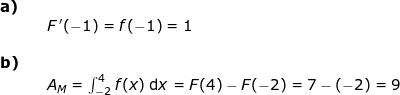 \small \begin{array}{llllll}\textbf{a)}\\&& F{\, }'(-1)=f(-1)=1\\\\ \textbf{b)}\\&&A_M=\int_{-2}^{4}f(x)\;\mathrm{d}x=F(4)-F(-2)=7-\left ( -2 \right )=9 \end{array}