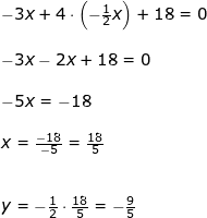 \small \begin{array}{lllllll} &-3x+4\cdot \left ( -\frac{1}{2}x \right )+18=0 \\\\& -3x-2x+18=0\\\\& -5x=-18\\\\& x=\frac{-18}{-5}=\frac{18}{5}\\\\\\& y=-\frac{1}{2}\cdot \frac{18}{5}=-\frac{9}{5} \end{array}