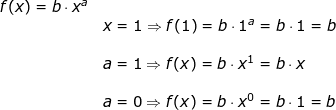 \small \begin{array}{lllllll} &f(x)=b\cdot x^a\\&&x=1\Rightarrow f(1)=b\cdot 1^a=b\cdot 1=b\\\\&& a=1\Rightarrow f(x)=b\cdot x^1=b\cdot x\\\\&&a=0\Rightarrow f(x)=b\cdot x^0=b\cdot 1=b \end{array}