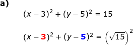 \small \begin{array}{lllllll} \textbf{a)}\\&& \left ( x-3 \right )^2+(y-5)^2=15\\\\&& \left ( x-\mathbf{\color{Red} {3}} \right )^2+(y-\mathbf{{\color{Blue} 5}})^2=\left (\sqrt{15} \right )^2 \end{}