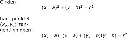 \small \begin{array}{lllllll} \textup{Cirklen:}\\&&(x-a)^2+(y-b)^2=r^2\\\\ \textup{har i punktet}\\ \left ( x_o,y_o \right )\textup{ tan-}\\ \textup{gentligningen:}\\&&(x_o-a)\cdot (x-a)+(y_o-b)(y-b)=r^2 \end{array}