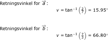 \small \begin{array}{lllllll} \textup{Retningsvinkel for }\overrightarrow{a}\textup{:}\\&& v=\tan^{-1}\left ( \frac{2}{7} \right )=15.95\degree\\\\\\ \textup{Retningsvinkel for }\overrightarrow{b}\textup{:}\\&& v=\tan^{-1}\left ( \frac{7}{3} \right )=66.80\degree \end{}