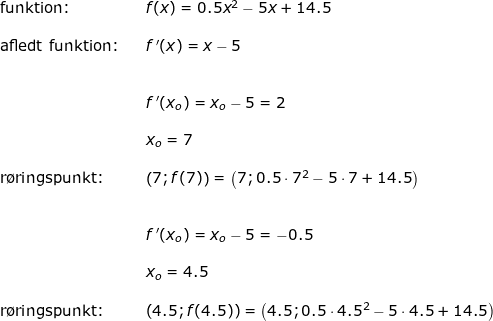 \small \begin{array}{lllllll} \textup{funktion:}&&f(x)=0.5x^2-5x+14.5\\\\ \textup{afledt funktion:}&&f{\, }'(x)=x-5\\\\\\&& f{\, }'(x_o)=x_o-5=2\\\\&& x_o=7\\\\ \textup{r\o ringspunkt:}&&\left ( 7;f(7) \right )=\left ( 7;0.5\cdot 7^2 -5\cdot 7+14.5\right )\\\\\\ && f{\, }'(x_o)=x_o-5=-0.5\\\\&& x_o=4.5\\\\ \textup{r\o ringspunkt:}&&\left ( 4.5;f(4.5) \right )=\left ( 4.5;0.5\cdot 4.5^2 -5\cdot 4.5+14.5\right ) \end{array}
