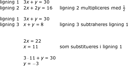 \small \begin{array}{lllllll} \textup{ligning }1&3x+y=30\\ \textup{ligning }2&2x+2y=16& \textup{ligning }2\textup{ multipliceres med }\frac{1}{2}\\\\ \textup{ligning }1&3x+y=30\\ \textup{ligning }3&x+y=8&\textup{ligning }3\textup{ subtraheres ligning }1\\\\&\\& 2x=22\\&x=11&\textup{som substitueres i ligning }1\\\\& 3\cdot 11+y=30\\&y=-3 \end{array}