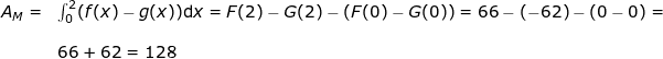 \small \begin{array}{lllllll} A_M=&\int_{0}^{2}(f(x)-g(x))\mathrm{d}x=F(2)-G(2)-\left ( F(0)-G(0) \right )=66-(-62)-\left ( 0-0 \right )=\\\\& 66+62=128 \end{array}