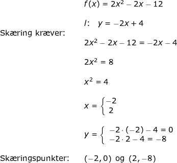 \small \begin{array}{lllllll}&& f(x)=2x^2-2x-12\\\\&& l\textup{:}\quad y=-2x+4\\ \textup{Sk\ae ring kr\ae ver:}\\&& 2x^2-2x-12=-2x-4\\\\&& 2x^2=8\\\\&& x^2=4\\\\&& x=\left\{\begin{matrix} -2\\ 2 \end{matrix}\right.\\\\&& y=\left\{\begin{array}{l} -2\cdot \left ( -2 \right )-4=0\\ -2\cdot 2 -4=-8 \end{array}\right.\\\\ \textup{Sk\ae ringspunkter:}&&\left ( -2,0 \right )\textup{ og }\left ( 2,-8 \right ) \end{array}