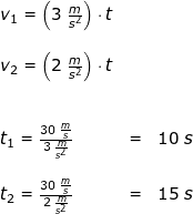 \small \begin{array}{lllllll}&& v_1=\left (3\;\frac{m}{s^2} \right )\cdot t\\\\&& v_2=\left (2\;\frac{m}{s^2} \right )\cdot t\\\\\\&& t_1=\frac{30\;\frac{m}{s}}{3\;\frac{m}{s^2}}&=&10\;s\\\\&& t_2=\frac{30\;\frac{m}{s}}{2\;\frac{m}{s^2}}&=&15\;s \end{array}