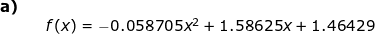 \small \begin{array}{lllllll}\textbf{a)}\\&& f(x)=-0.058705x^2+1.58625x+1.46429 \end{}