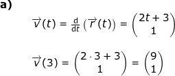 \small \begin{array}{llllllll}\textbf{a)}\\&& \overrightarrow{v}(t)=\frac{\mathrm{d} }{\mathrm{d} t}\left ( \overrightarrow{r}(t) \right )=\begin{pmatrix} 2t+3\\ 1 \end{pmatrix}\\\\&& \overrightarrow{v}(3)=\begin{pmatrix} 2\cdot 3+3\\ 1 \end{pmatrix}=\begin{pmatrix} 9\\1 \end{pmatrix} \end{array}