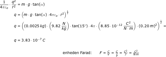 \small \small \begin{align*} \frac{1}{4\pi\varepsilon _o}\cdot \frac{q^2}{r^2}&=m\cdot g\cdot \tan(\alpha)\\ q&=\left (m\cdot g\cdot \tan(\alpha)\cdot 4\pi\varepsilon _o\cdot r^2 \right )^\frac{1}{2}\\ q&=\left (\left ( 0.0025\;kg \right )\cdot \left (9.82\;\frac{N}{kg} \right )\cdot \tan(15\degree)\cdot 4\pi\cdot \left (8.85\cdot 10^{-12}\;\frac{C^2}{N\cdot m} \right ) \cdot\left ( 0.20\;m \right )^2 \right )^\frac{1}{2}=\\\\ q&=3.83\cdot 10^{-7}\;C\\\\&\qquad \qquad \qquad \qquad \qquad \qquad \begin{array}{lllll}\textup{enheden Farad:} \qquad F=\frac{C}{V}=\frac{C}{\frac{J}{C}}=\frac{C^2}{J}=\frac{C^2}{N\cdot m}\end{array} \end{align*}