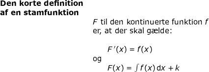 \small \small \begin{array}{lllll} \textbf{Den korte definition }\\ \textbf{af en stamfunktion}\\&F\textup{ til den kontinuerte funktion }f\\& \textup{er, at der skal g\ae lde:}\\\\&\qquad F{\, }'(x)=f(x)\\&\textup{og}\\&\qquad F(x)=\int f(x)\,\mathrm{d}x+k \end{array}